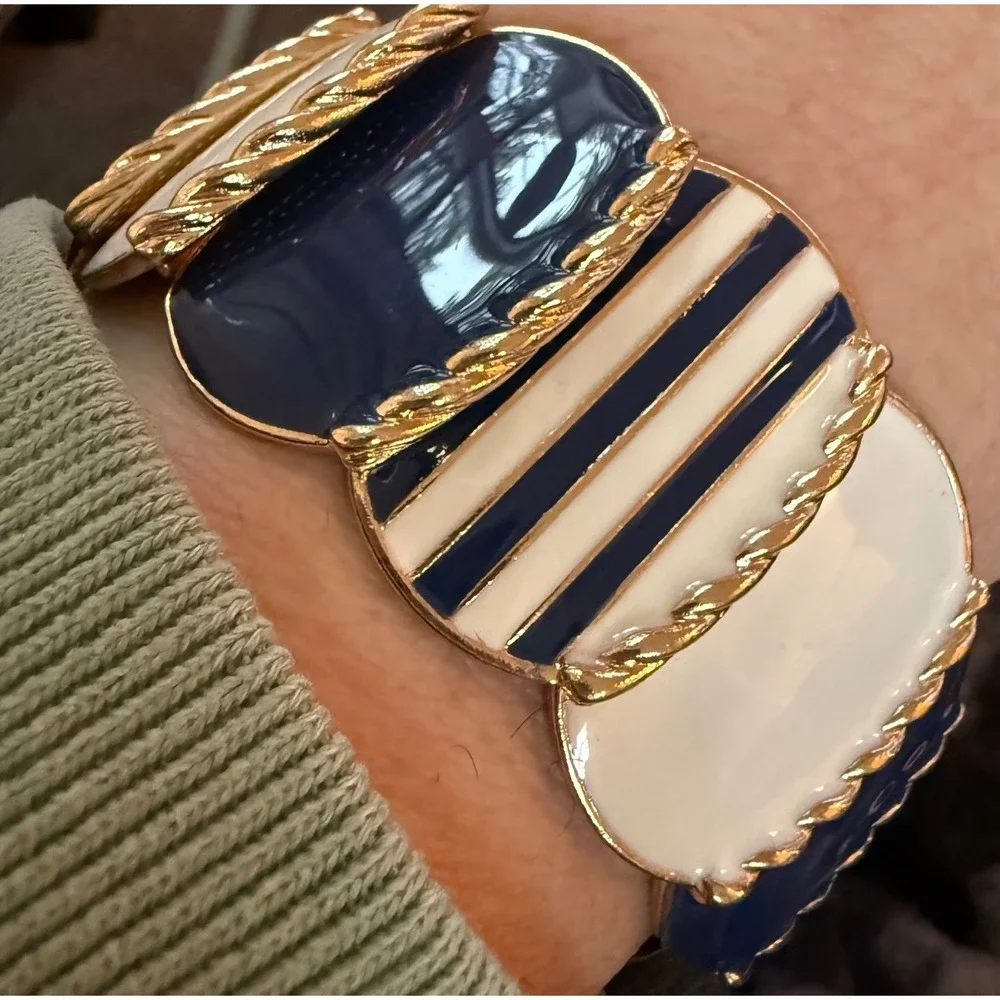 VTG Nautical Navy Blue Cream Enamel Gold Tone Striped Stretch Statement Bracelet